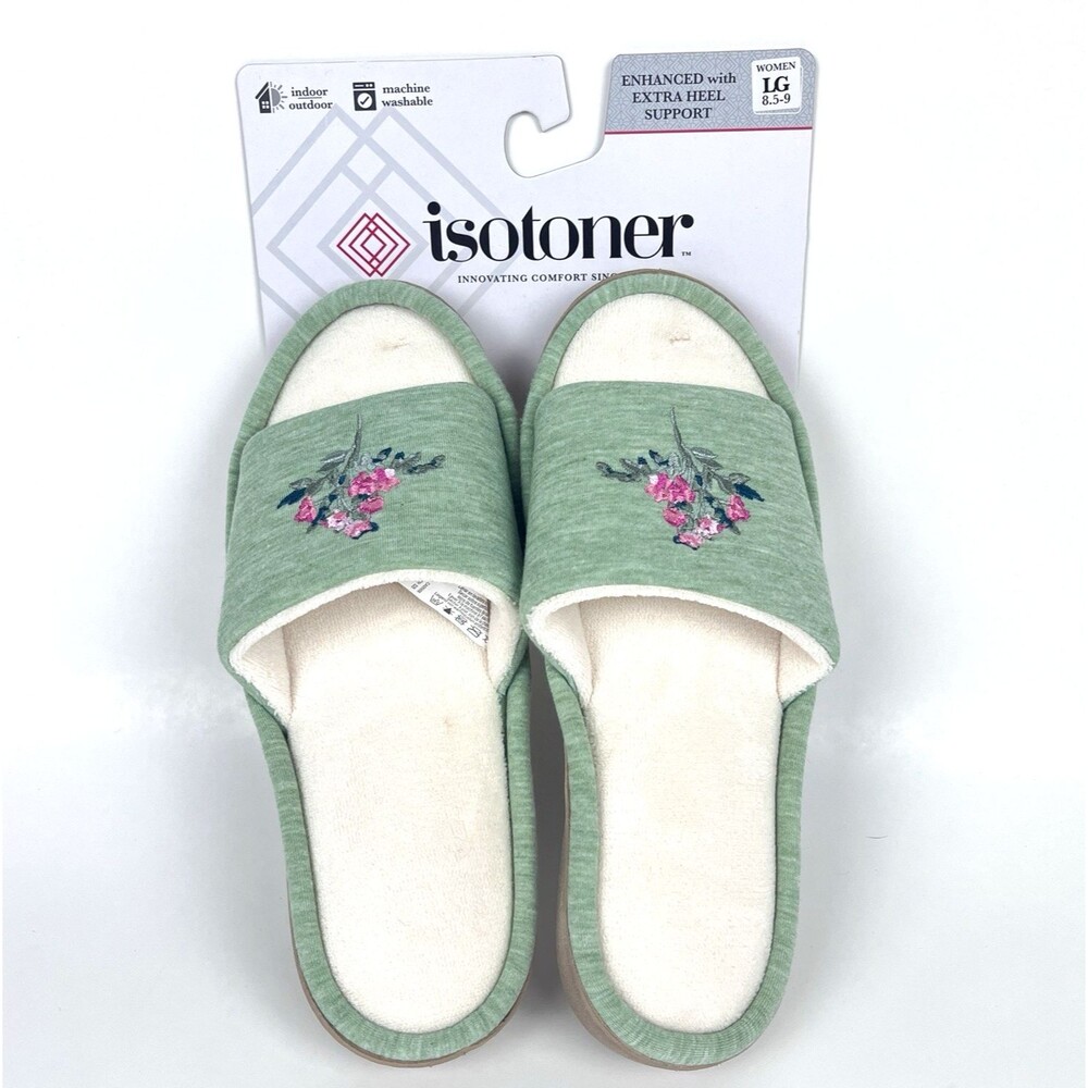 Isotoner Slippers Women's SZ 8.5-9 open toe slides Green pink Floral embroidered